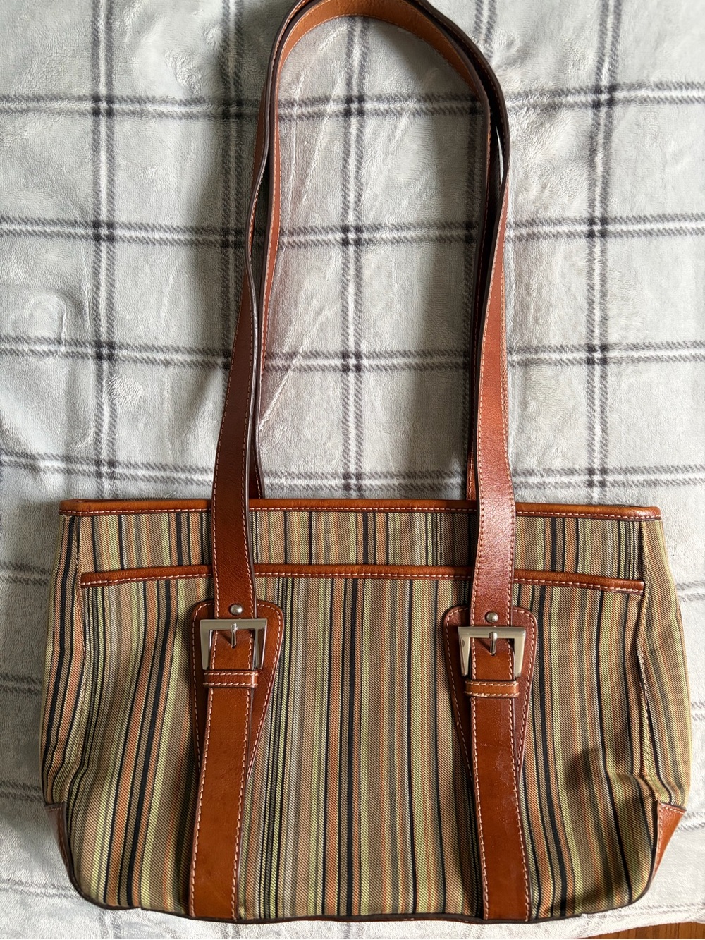 Vintage Etienne Aigner Multi-Color Striped Canvas & Leather Shoulder Bag Tote